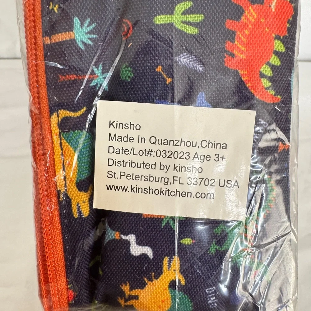 Kinsho Bento Blue Orange Dinosaur Insulated Lining Lunch Box Thermo Ice Pack NEW